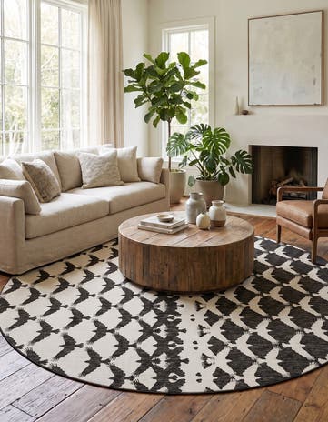 Black and White Easy-Clean Modern Indoor / Outdoor Round Rug