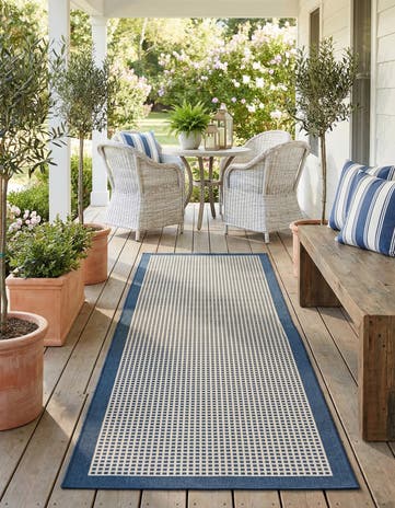 Navy Blue Easy-Clean Border Indoor / Outdoor Runner Rug