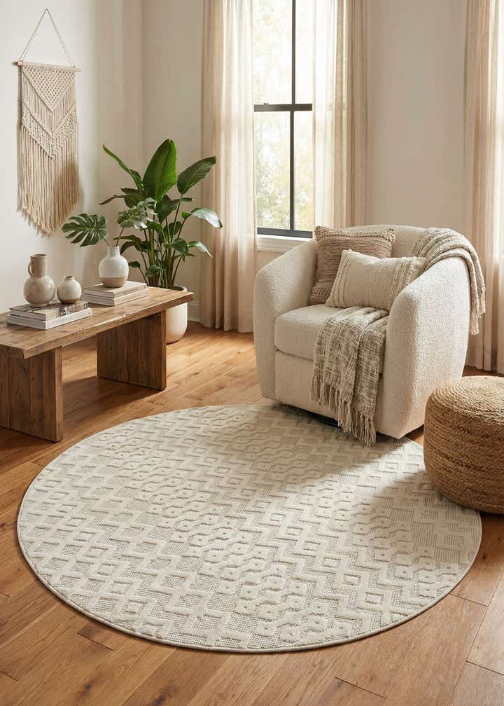 7' x 7' Easy-Clean Trellis Textured Indoor / Outdoor Round Rug