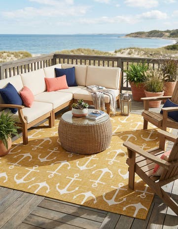 Yellow Easy-Clean Coastal Indoor / Outdoor Square Rug