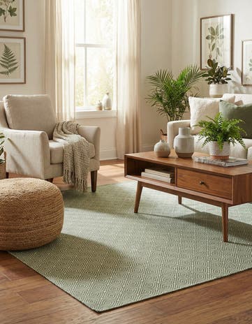 Green Hand Woven Geo Trellis Flatweave Square Rug