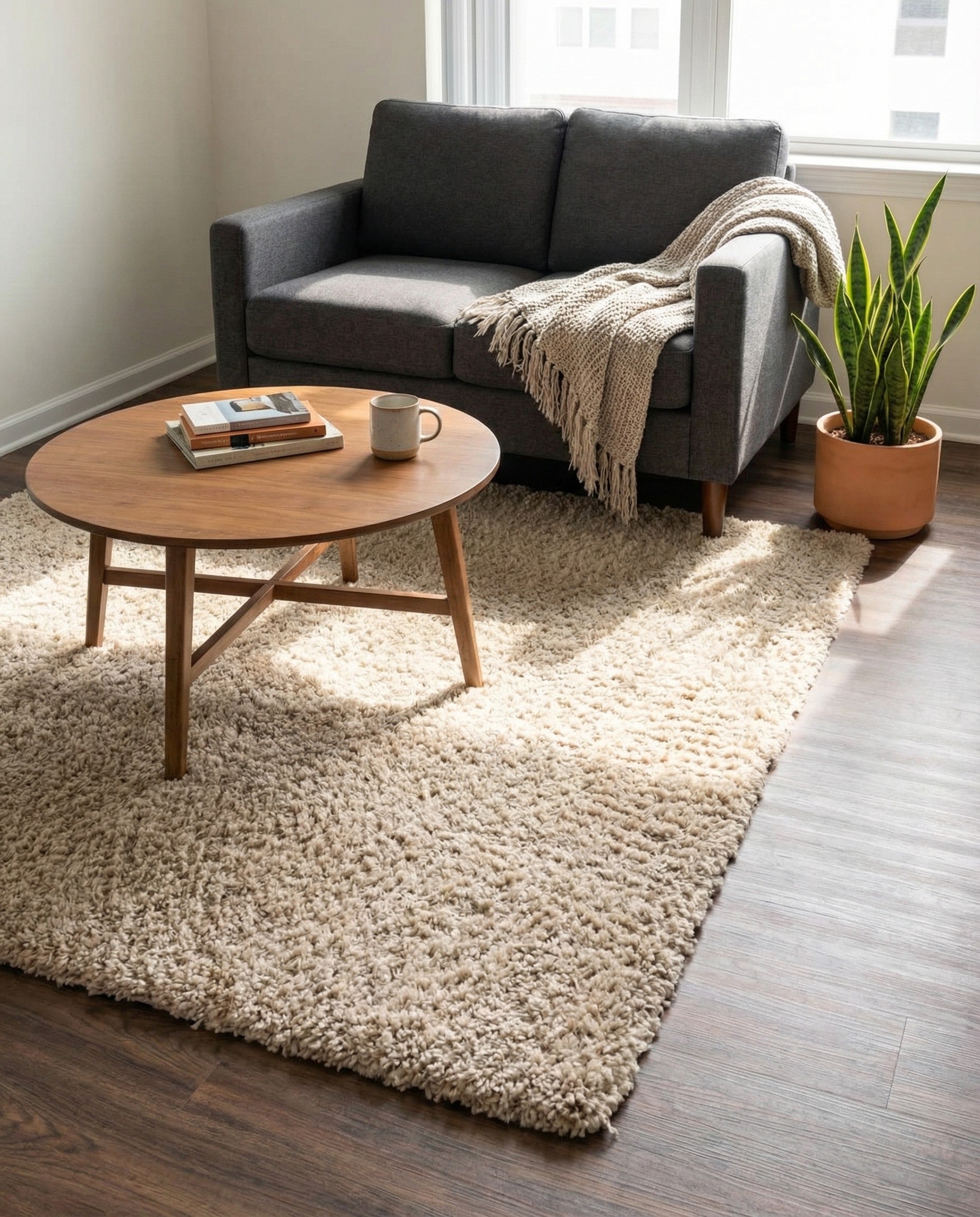 A rectangular 3x5 ivory shag rug with a soft, textured pile, perfect for adding comfort to any indoor space.