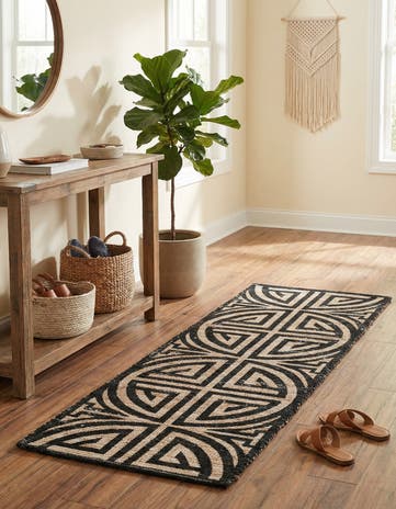 Black and Ivory Hand Woven Chenille Jute Runner Rug