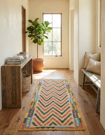 3' 4 x 6' 8 Hand Woven Kilim Maymana Wool Runner Rug