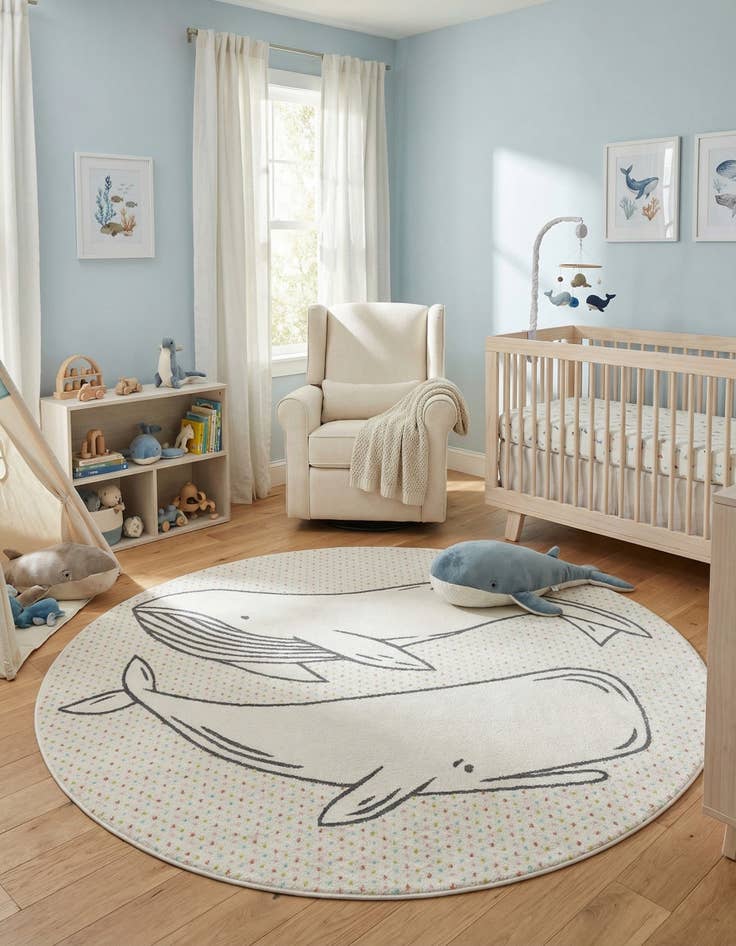 Detail image of 7' 10 x 7' 10 Whale Whimsy Kids Round Rug