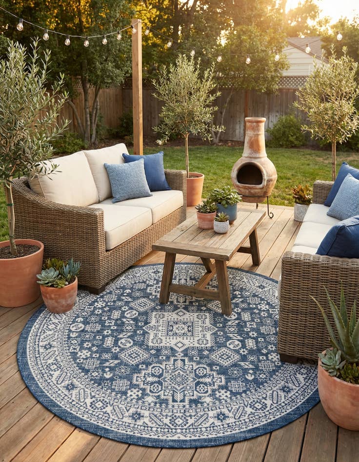 Detail image of 7' 10 x 7' 10  Washable Aztec Indoor / Outdoor Round Rug