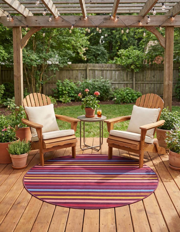 Detail image of 4' x 4'  Washable Striped Indoor / Outdoor Round Rug