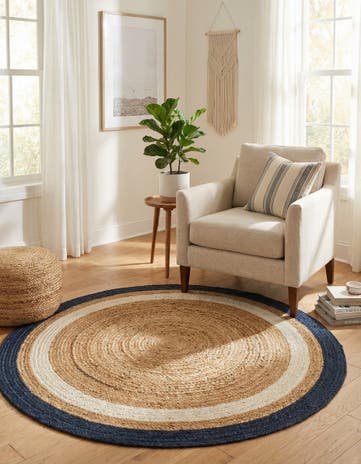 Navy Blue White Natural Handmade Braided Jute Round Rug