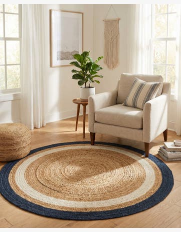 Navy Blue White Natural Handmade Braided Jute Round Rug
