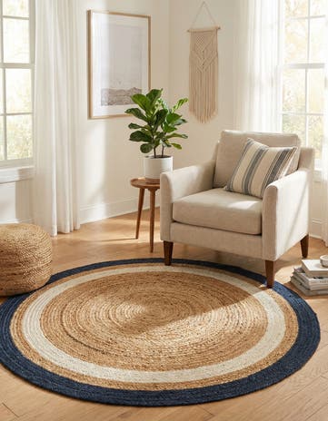Navy Blue White Natural Handmade Braided Jute Round Rug