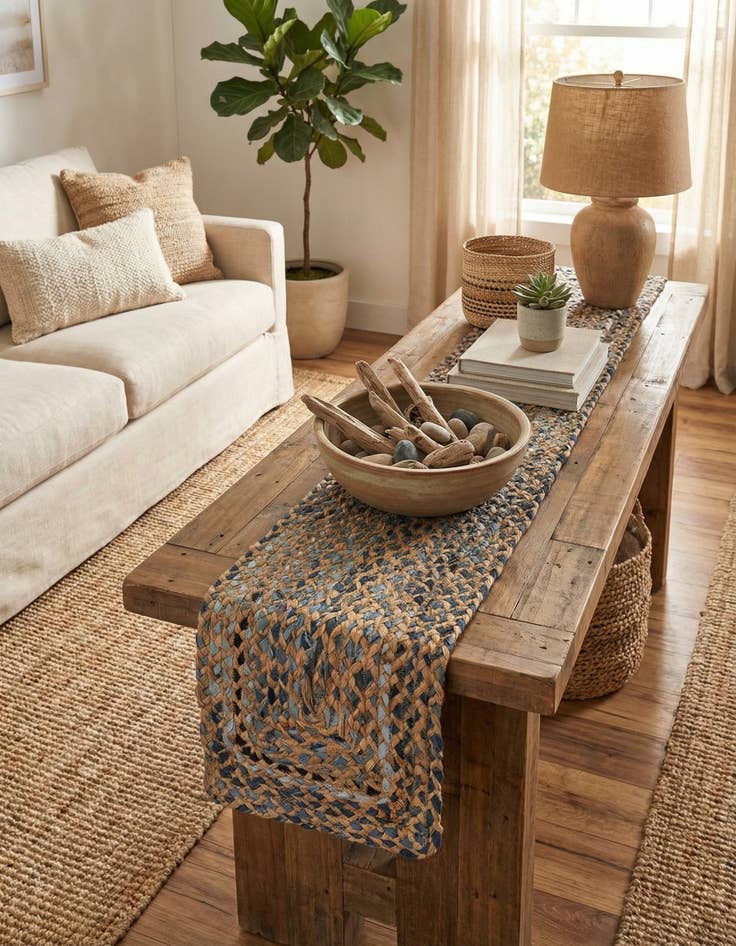 Detail image of 1' 2 x 5' 1  Hand Braided Chindi Table Runner Rug