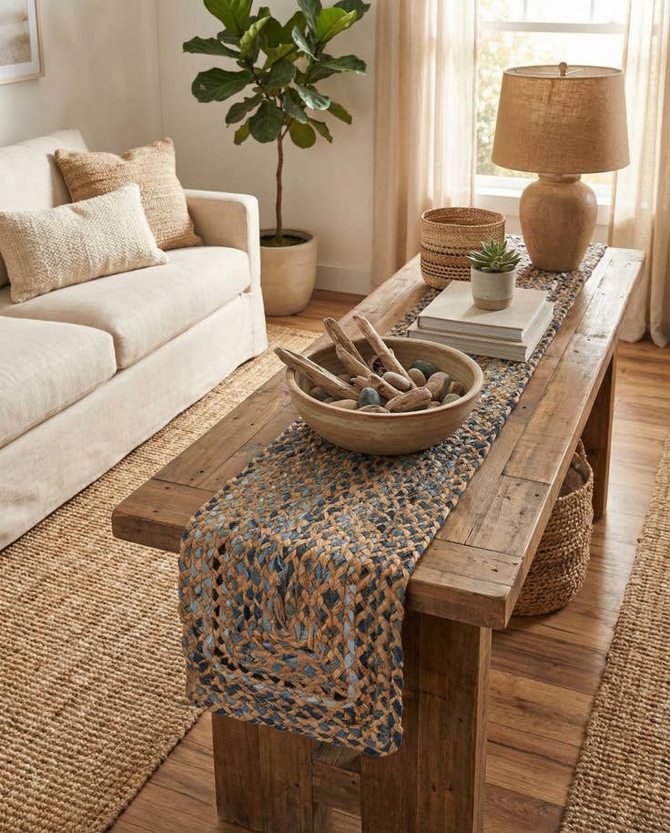Detail image of 1' 2 x 5' 1 Handmade Braided Chindi Table Runner Rug