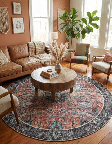 Vintage Rust Red Washable Timeless Round Rug