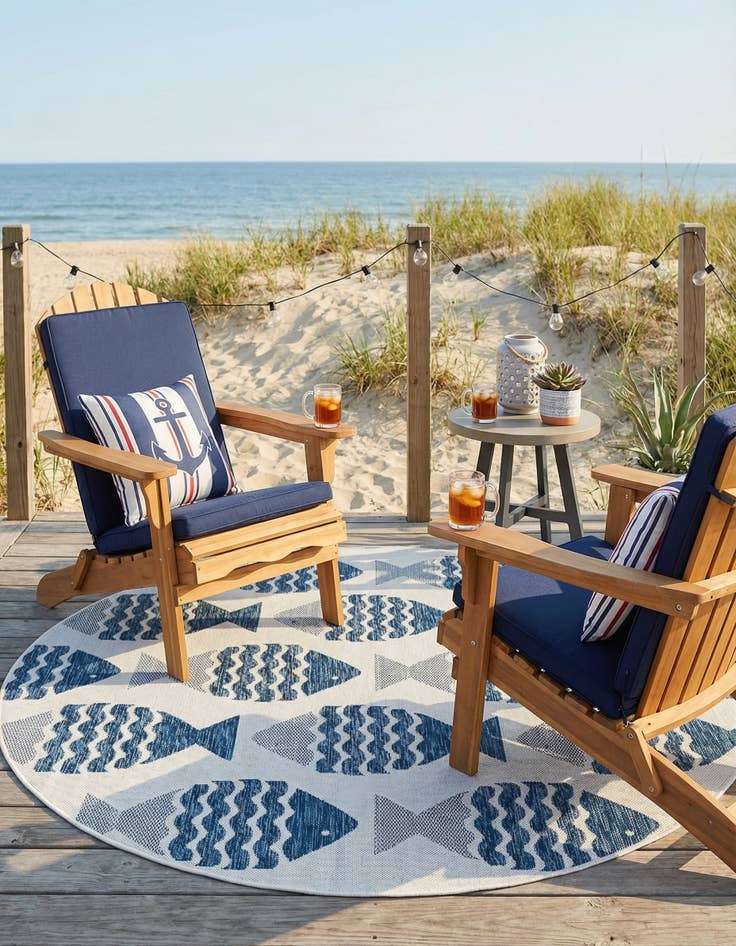 Detail image of 6' x 6'  Washable Coastal Indoor / Outdoor Round Rug