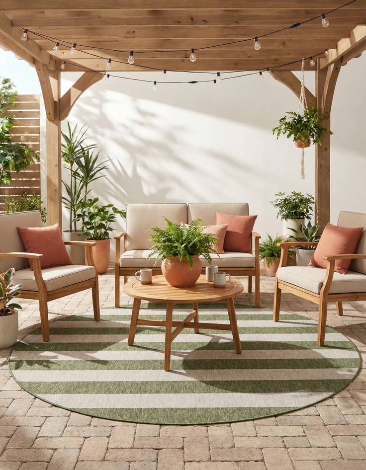 Detail image of 10' x 10'  Washable Striped Indoor / Outdoor Round Rug