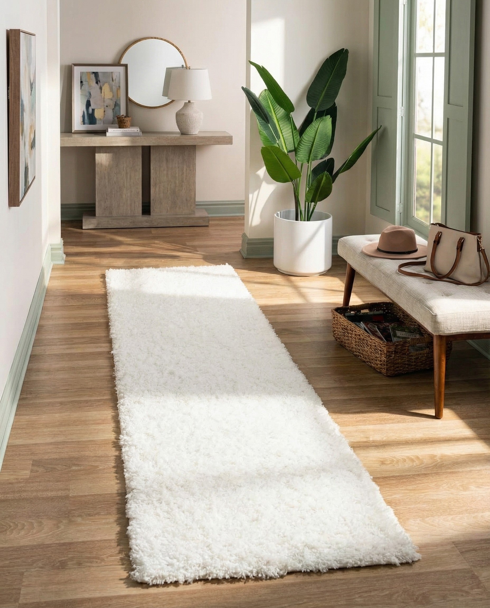 A long 16 ft white shag runner rug with a modern, solid design, perfect for a hallway.