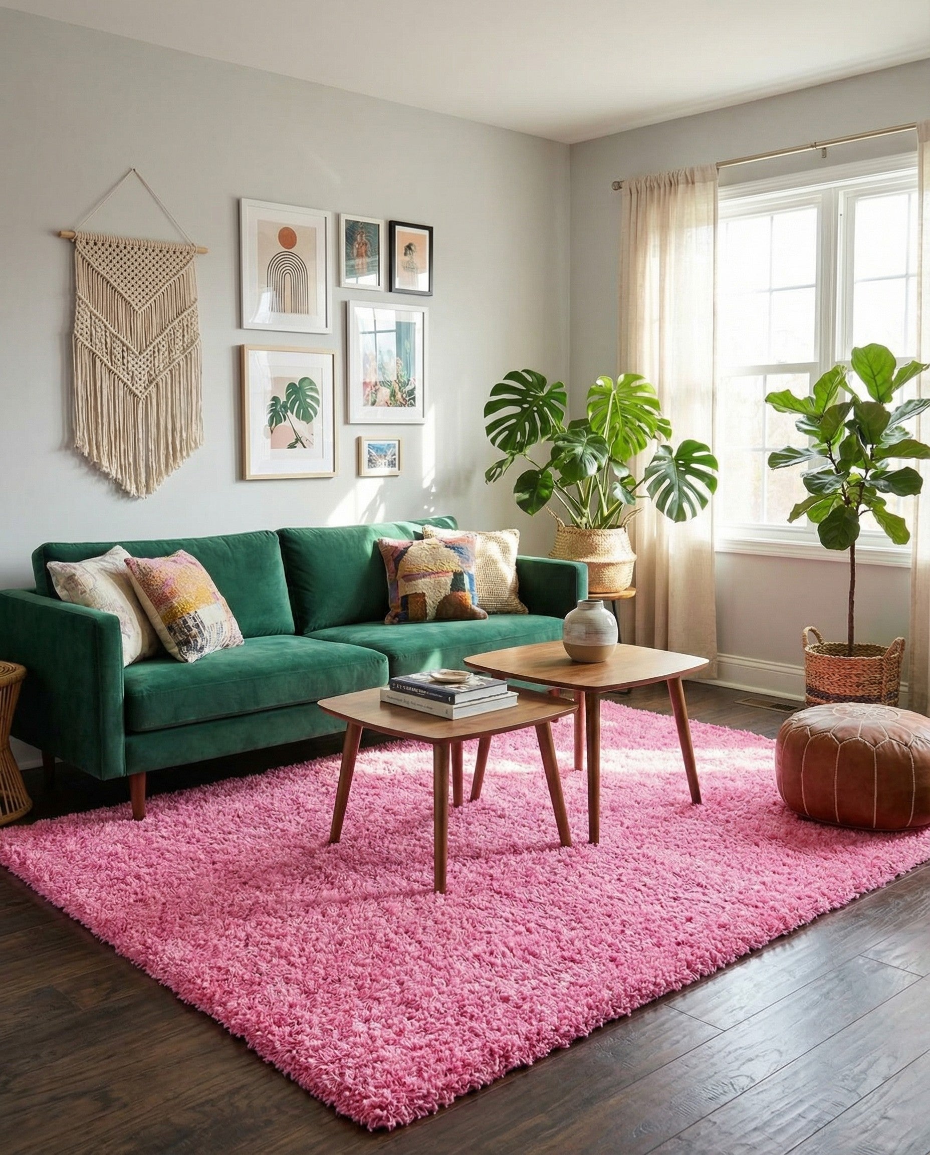 A vibrant 8x10 rectangular pink shag rug with a plush, textured pile, perfect for a modern living room or bedroom.