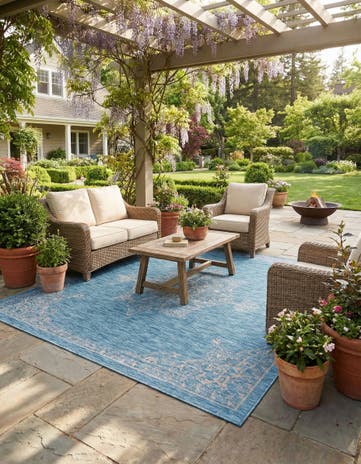 Light Aqua Easy-Clean Traditional Indoor / Outdoor Rug