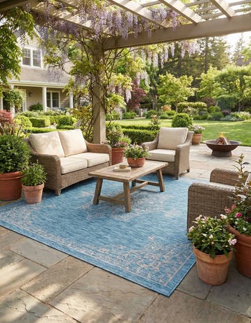Light Aqua Easy-Clean Traditional Indoor / Outdoor Rug