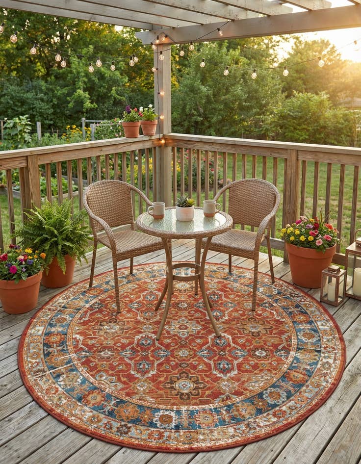 Detail image of 5' x 5' Easy-Clean Traditional Indoor / Outdoor Round Rug