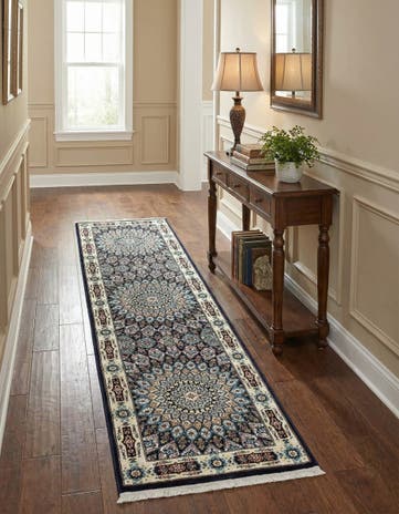 Navy Blue Nain Design Runner Rug
