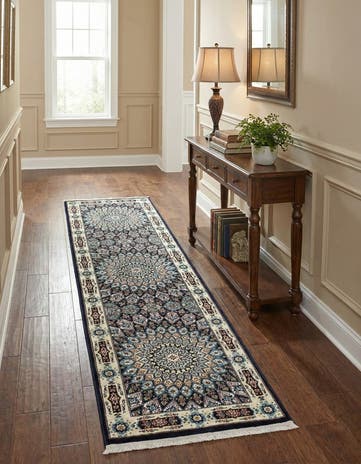 Navy Blue Nain Design Runner Rug