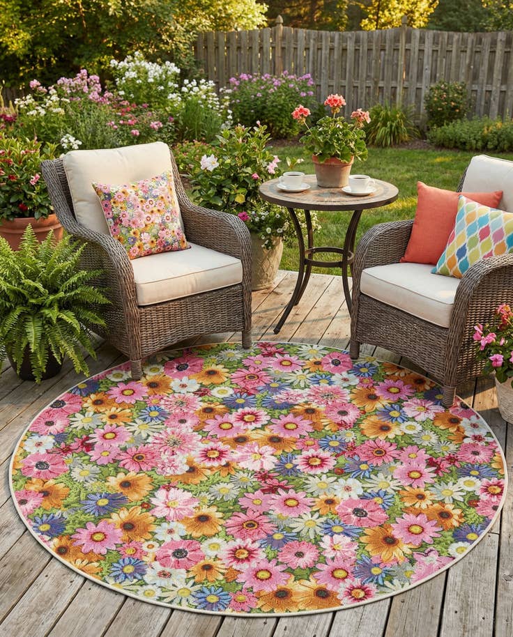 Detail image of 5' x 5' Easy-Clean Botanical Indoor / Outdoor Round Rug