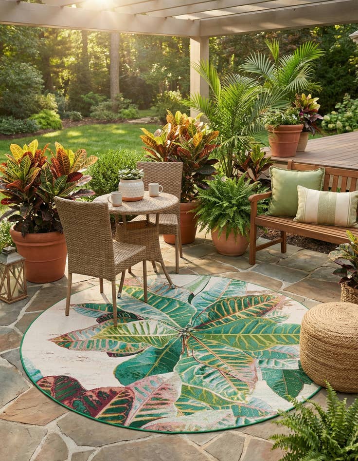 Detail image of 7' x 7'  Washable Botanical Indoor / Outdoor Round Rug