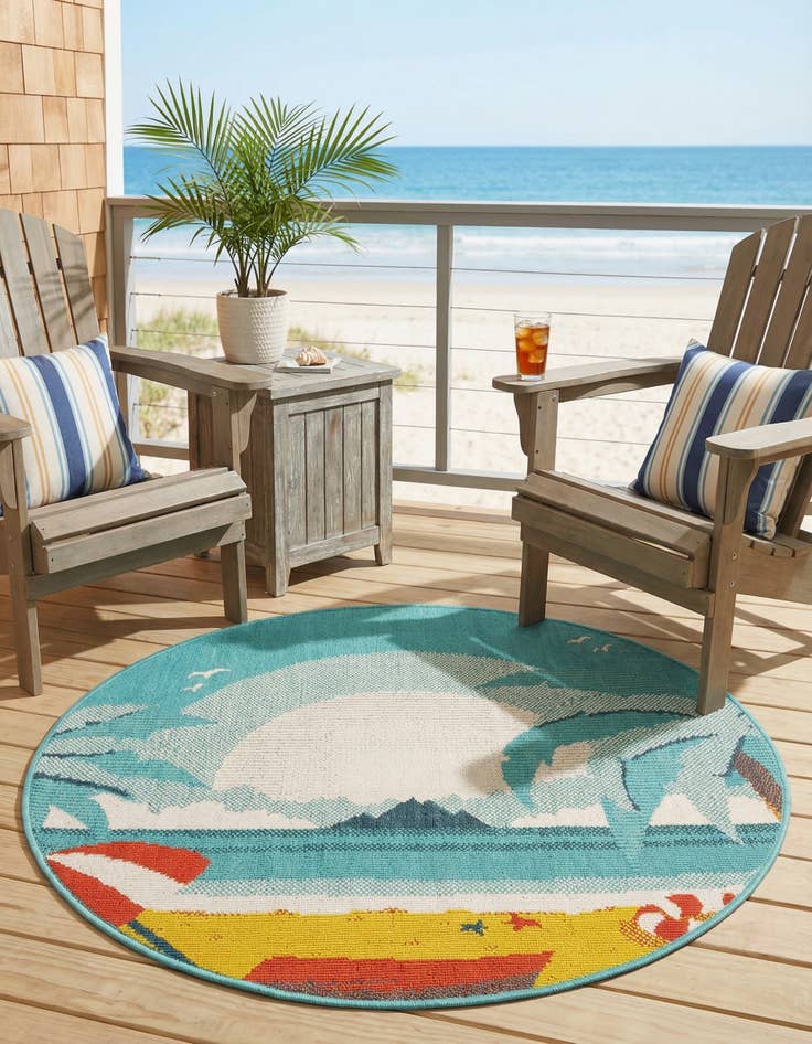 Detail image of 3' x 3'  Washable Coastal Indoor / Outdoor Round Rug