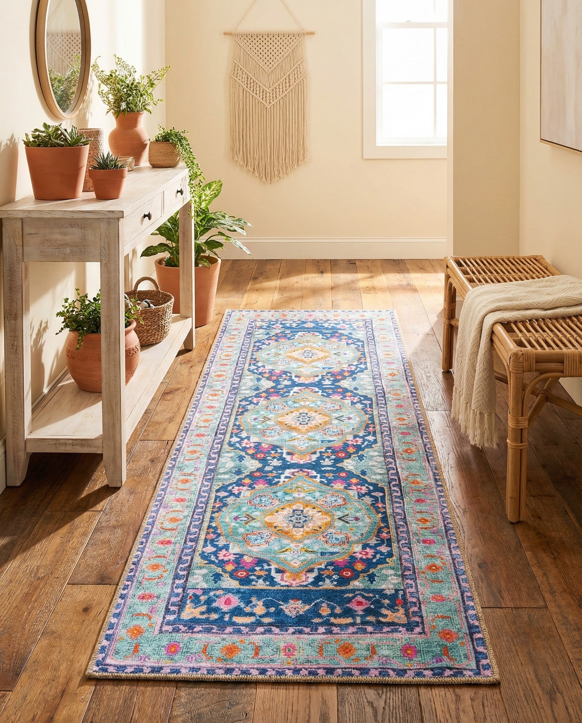 Blue Washable Timeless Runner Rug