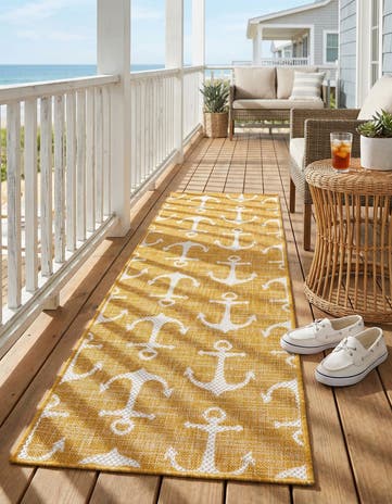 Yellow Easy-Clean Coastal Indoor / Outdoor Runner Rug
