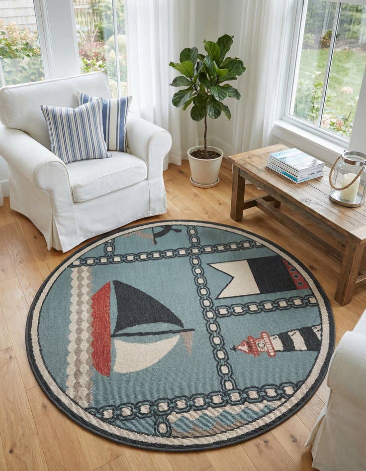 Detail image of 4' x 4'  Washable Coastal Indoor / Outdoor Round Rug