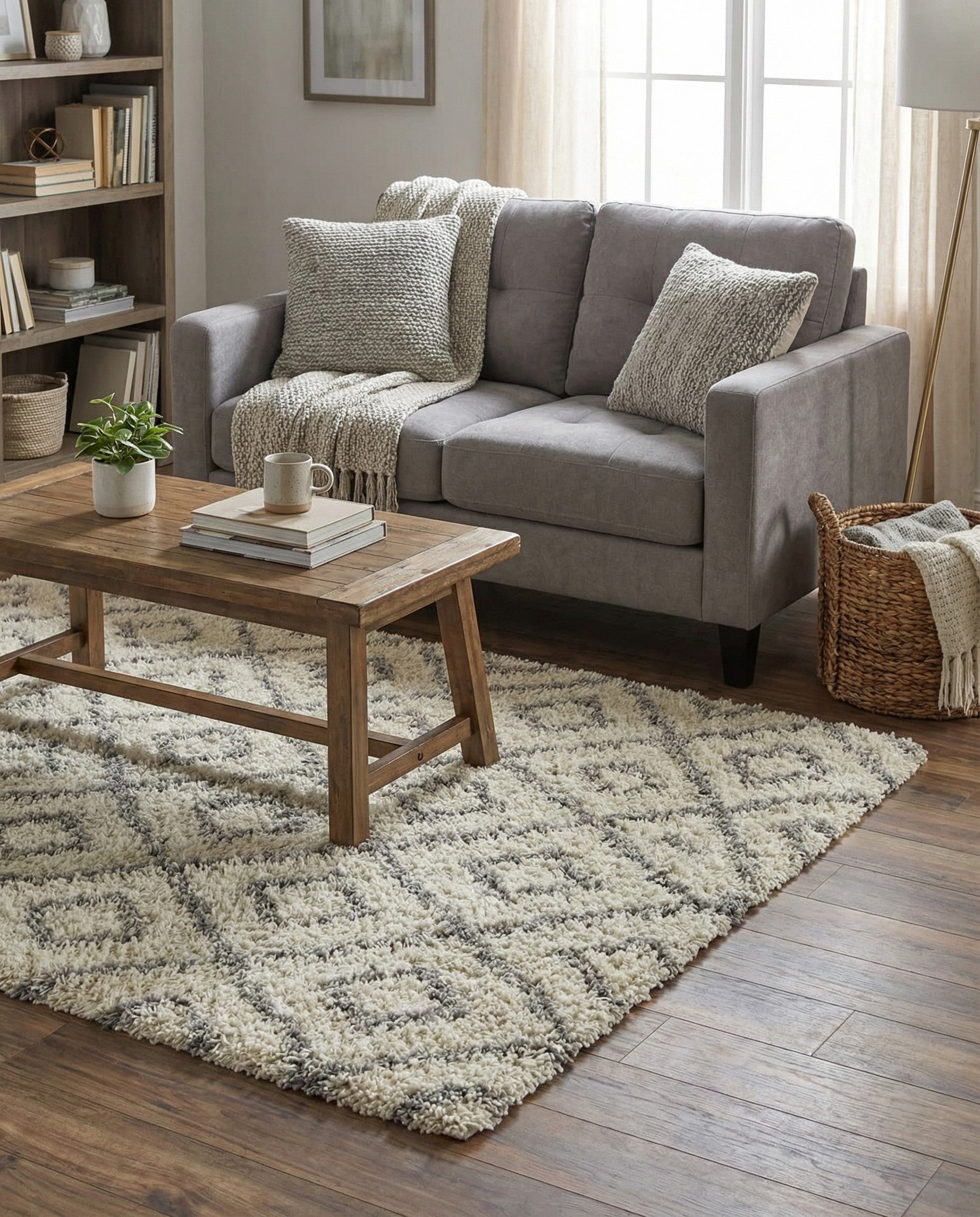 A 4x6 rectangular ivory shag rug with a modern geometric lattice pattern in varying shades of gray.