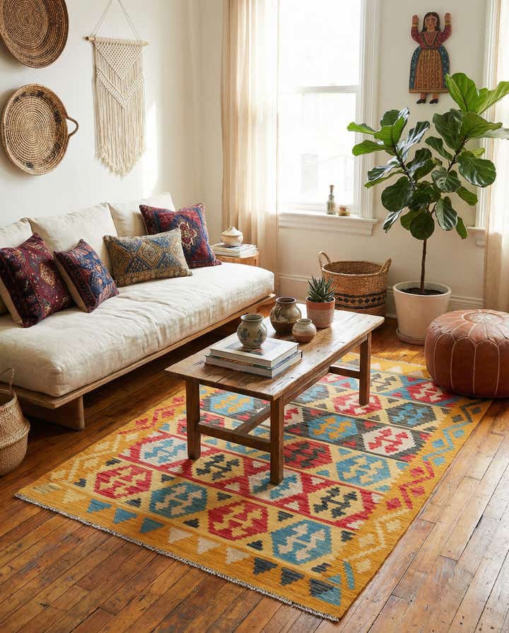 4' 3 x 5' 8 Hand Woven Kilim Maymana Wool Rug