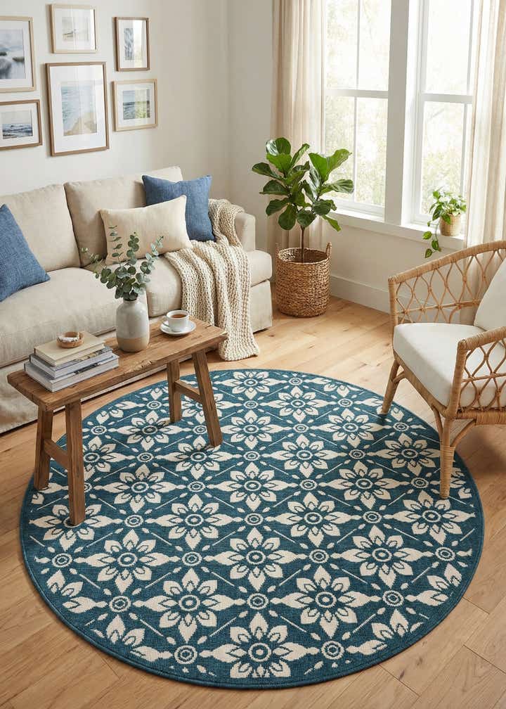 5' x 5' Easy-Clean Trellis Indoor / Outdoor Round Rug