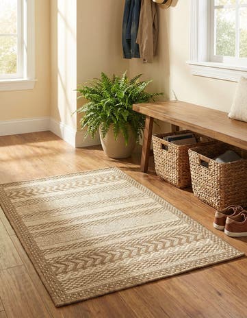 Beige Easy-Clean Border Indoor / Outdoor Rug