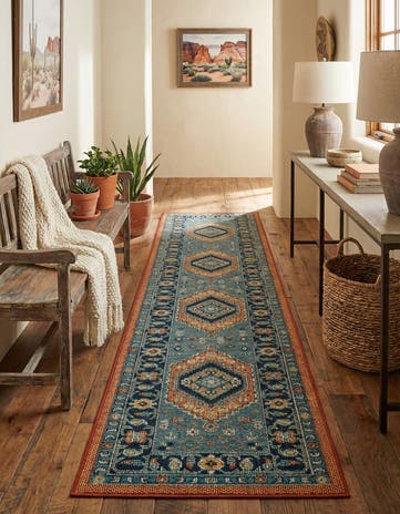 Blue and Rust Red Easy-Clean Baja Indoor / Outdoor Runner Rug