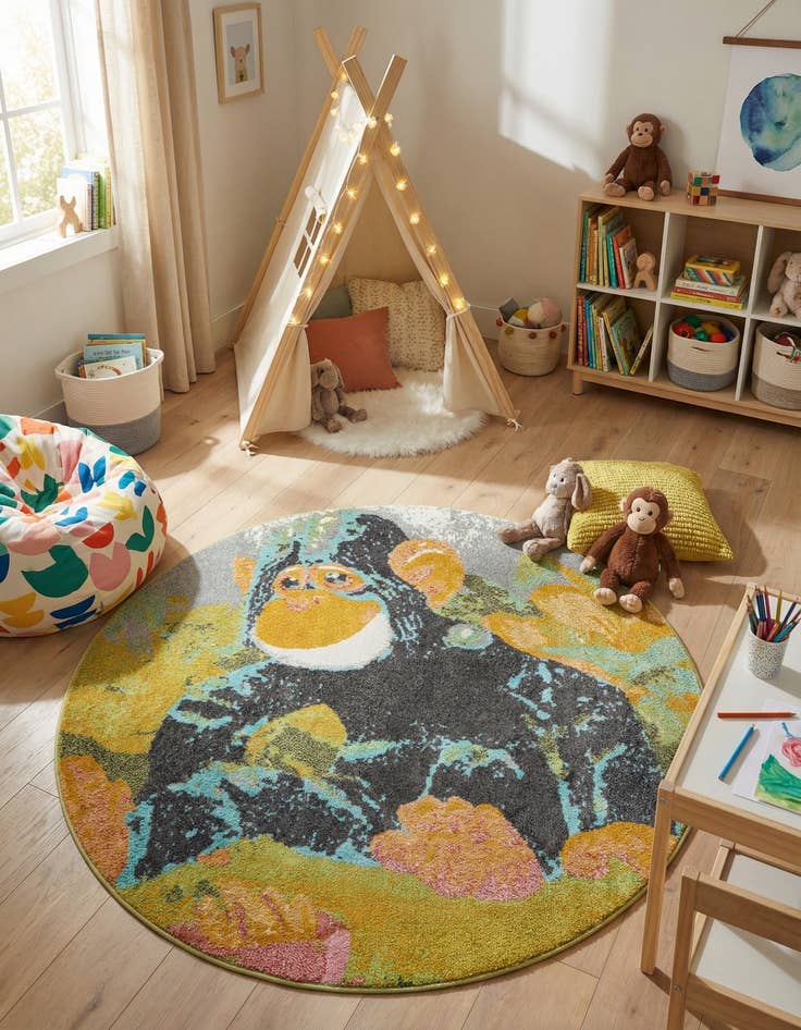 Detail image of 5' 1 x 5' 1 Gorilla Whimsy Kids Round Rug