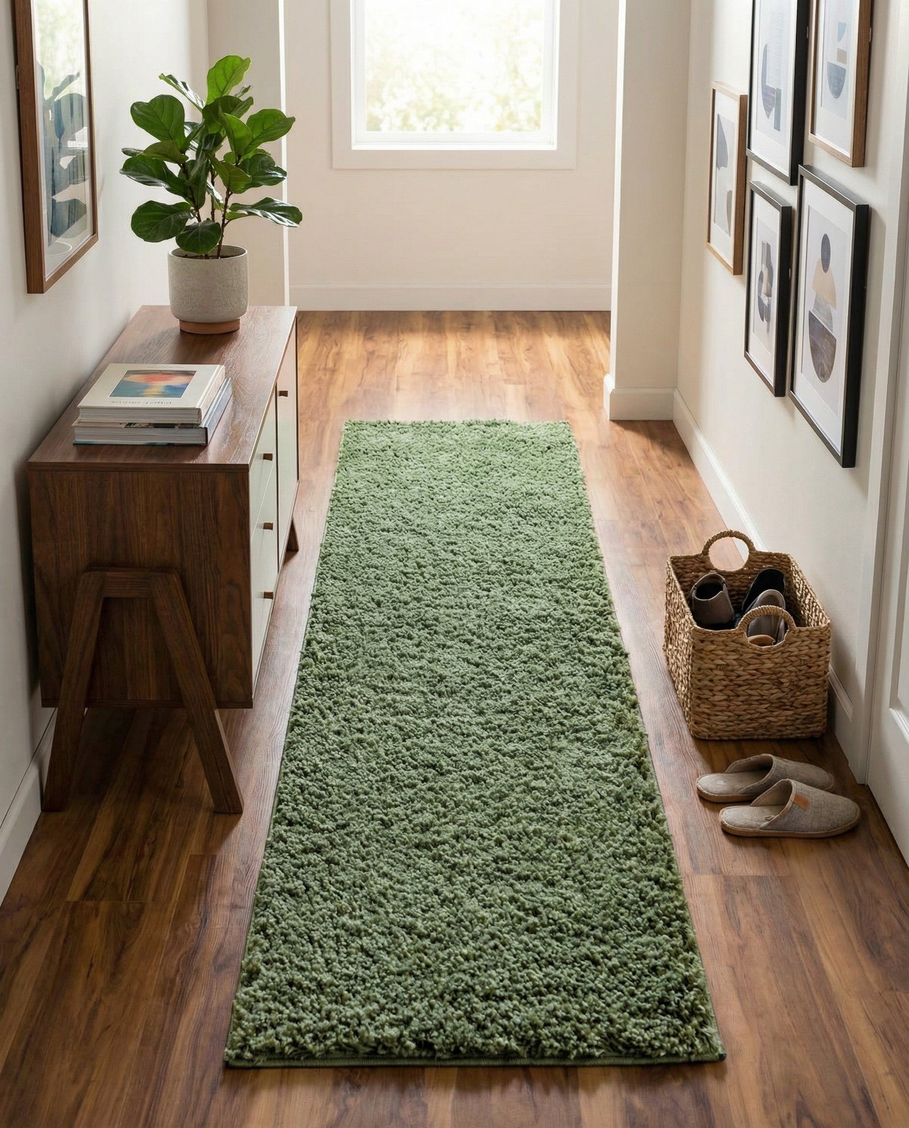 A long, rectangular 13 ft runner rug from the Everyday Shag collection in a solid, modern green color with a plush, shaggy texture.