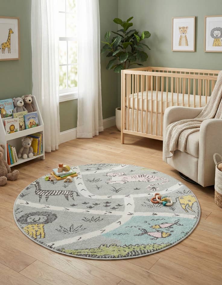 Detail image of 4' 1 x 4' 1 Animals Whimsy Kids Round Rug