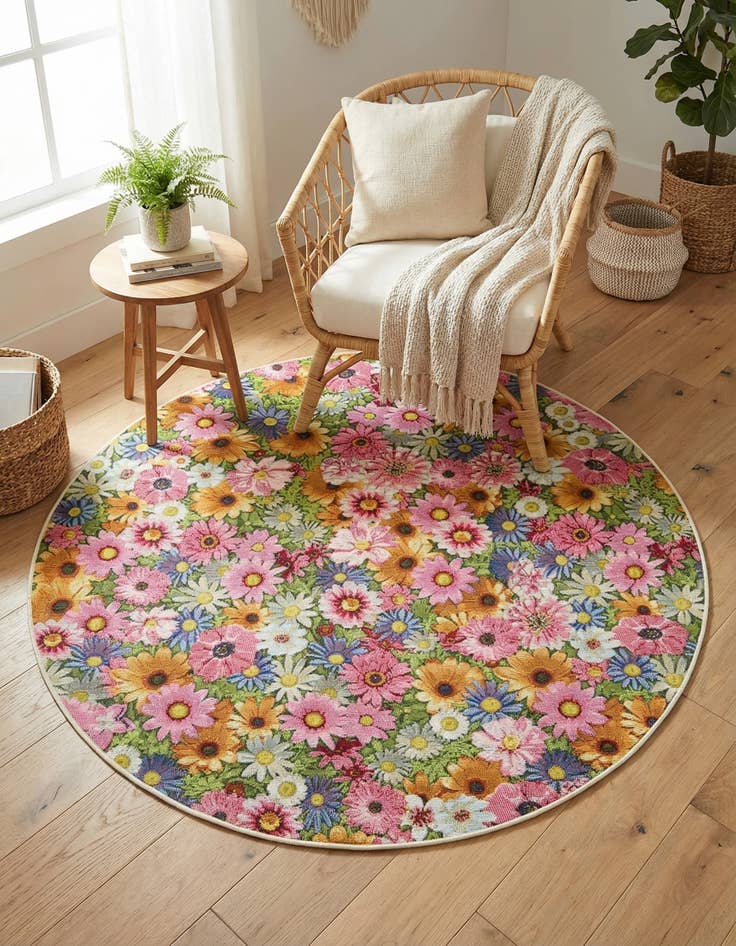 Detail image of  5' x 5'  Washable Botanical Indoor / Outdoor Round Rug