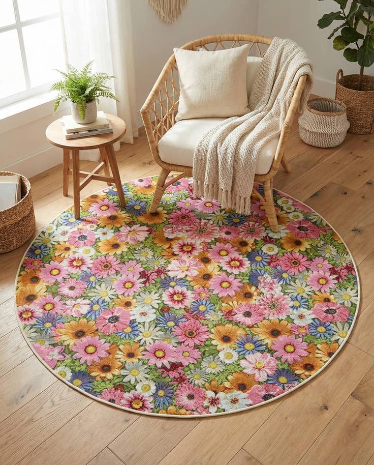 Detail image of 5' x 5' Easy-Clean Botanical Indoor / Outdoor Round Rug