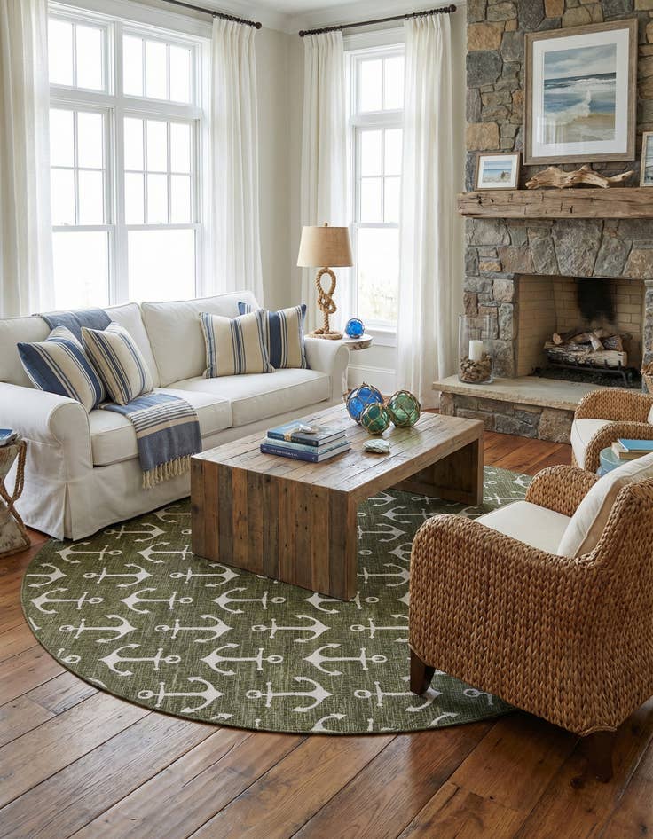 Detail image of 13' x 13'  Washable Coastal Indoor / Outdoor Round Rug