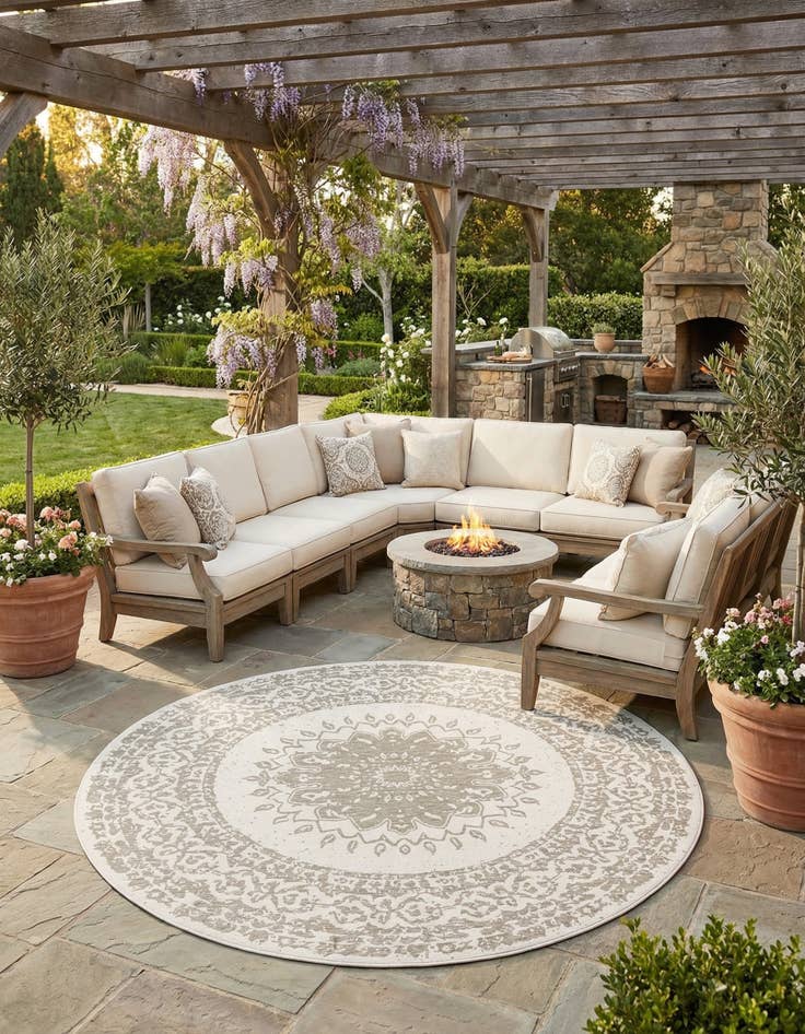 Detail image of 13' x 13'  Washable Traditional Indoor / Outdoor Round Rug