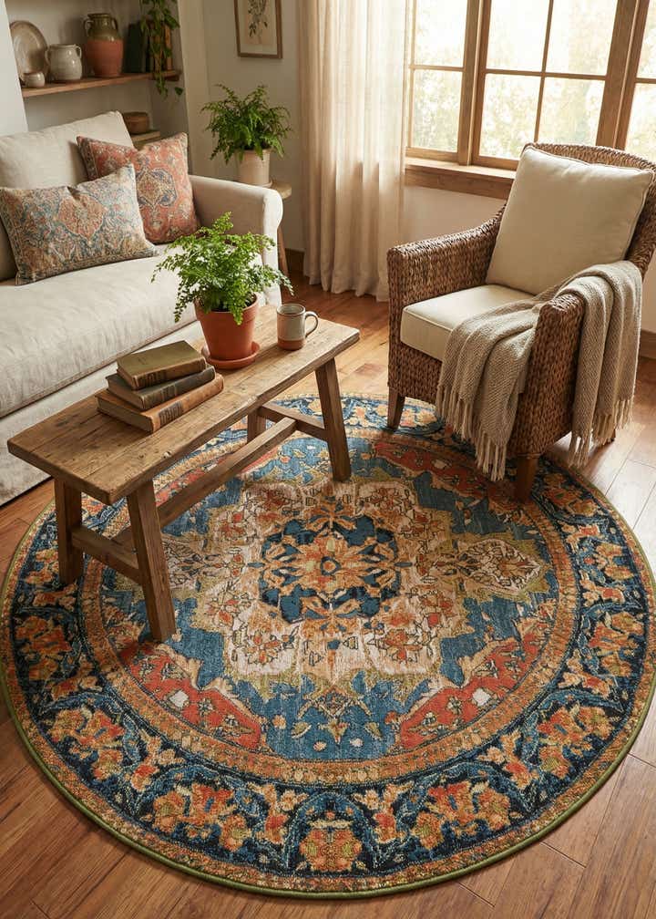 5' x 5' Easy-Clean Traditional Indoor / Outdoor Round Rug