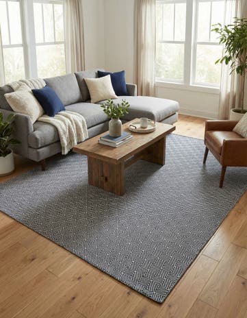 Navy Blue Hand Woven Geo Trellis Flatweave Square Rug