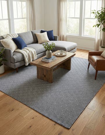 Navy Blue Hand Woven Geo Trellis Flatweave Square Rug
