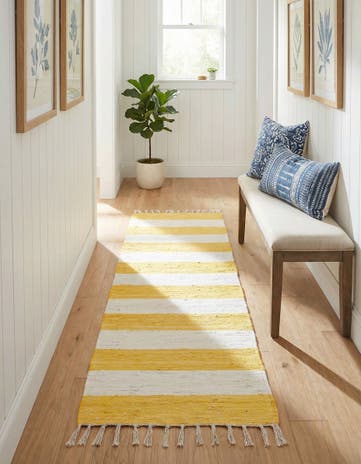 Yellow and Ivory Hand Woven Chindi Rag Runner Rug