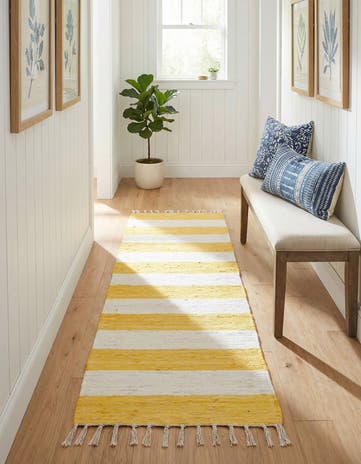 Yellow and Ivory Hand Woven Chindi Rag Runner Rug