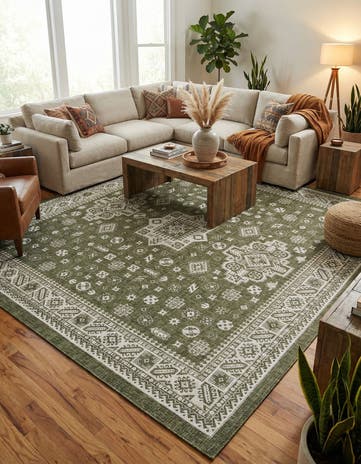 Green Easy-Clean Aztec Indoor / Outdoor Square Rug